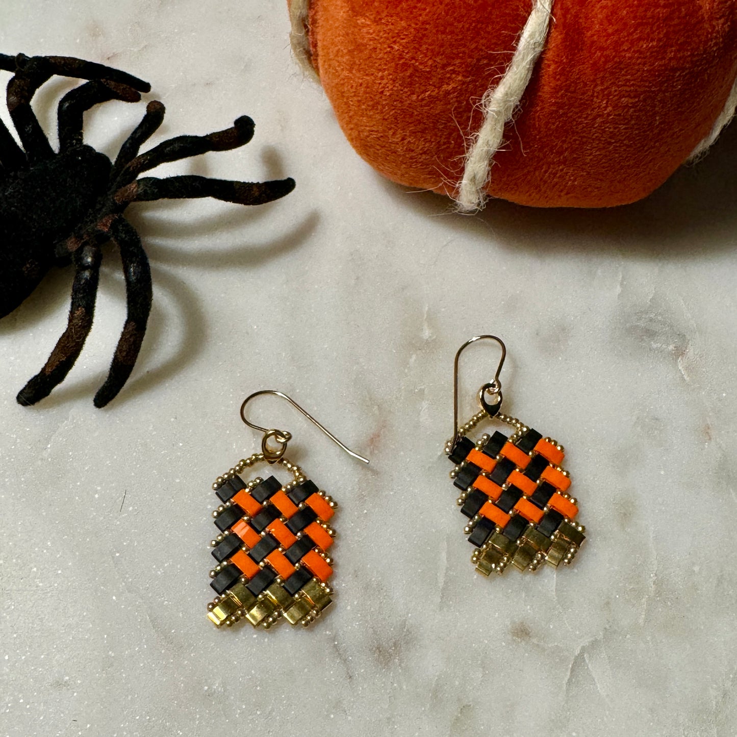 Black and Orange Checkered Tila Earrings