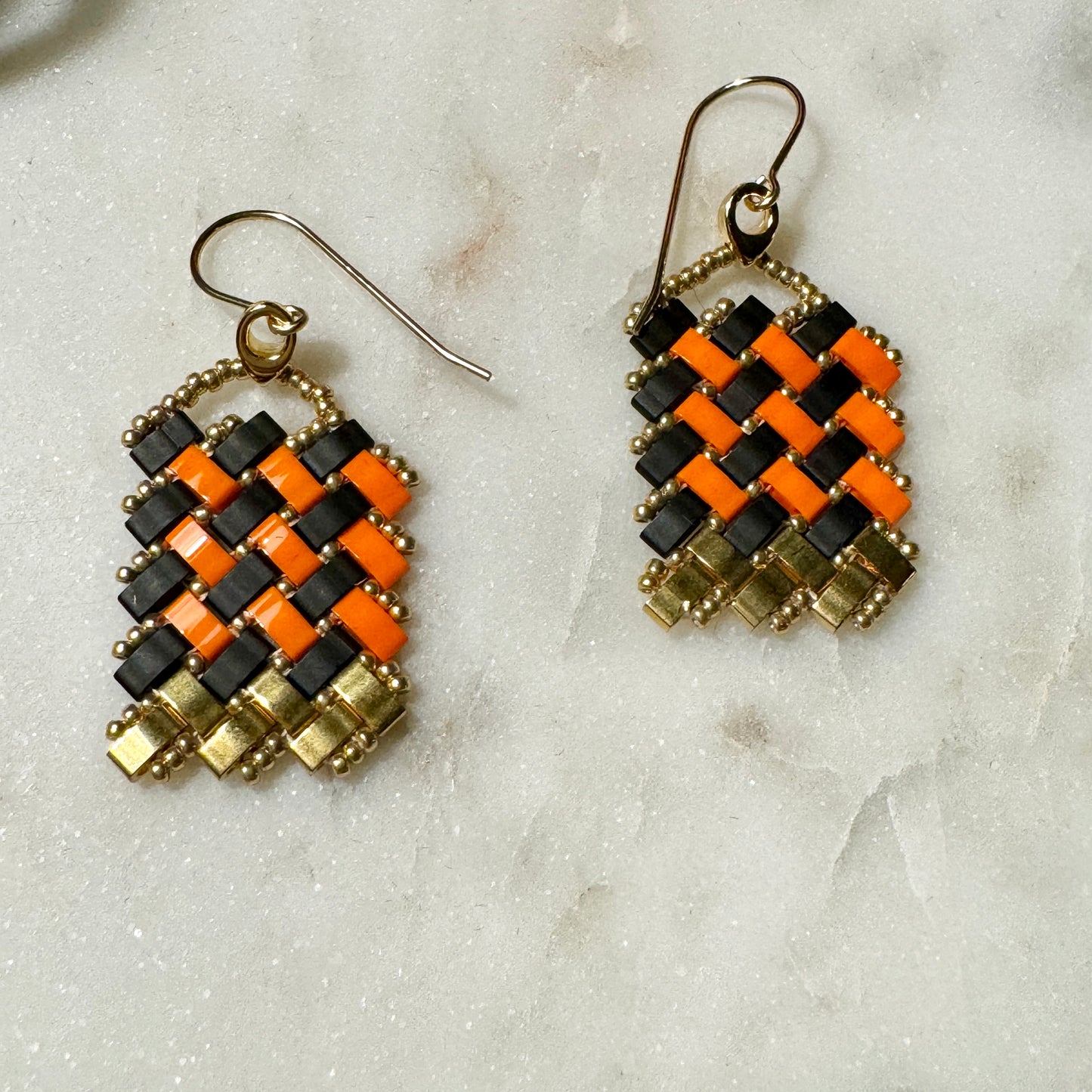 Black and Orange Checkered Tila Earrings