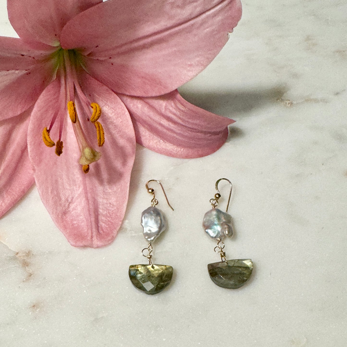 Pearl and Labradorite Half-moon Earrings