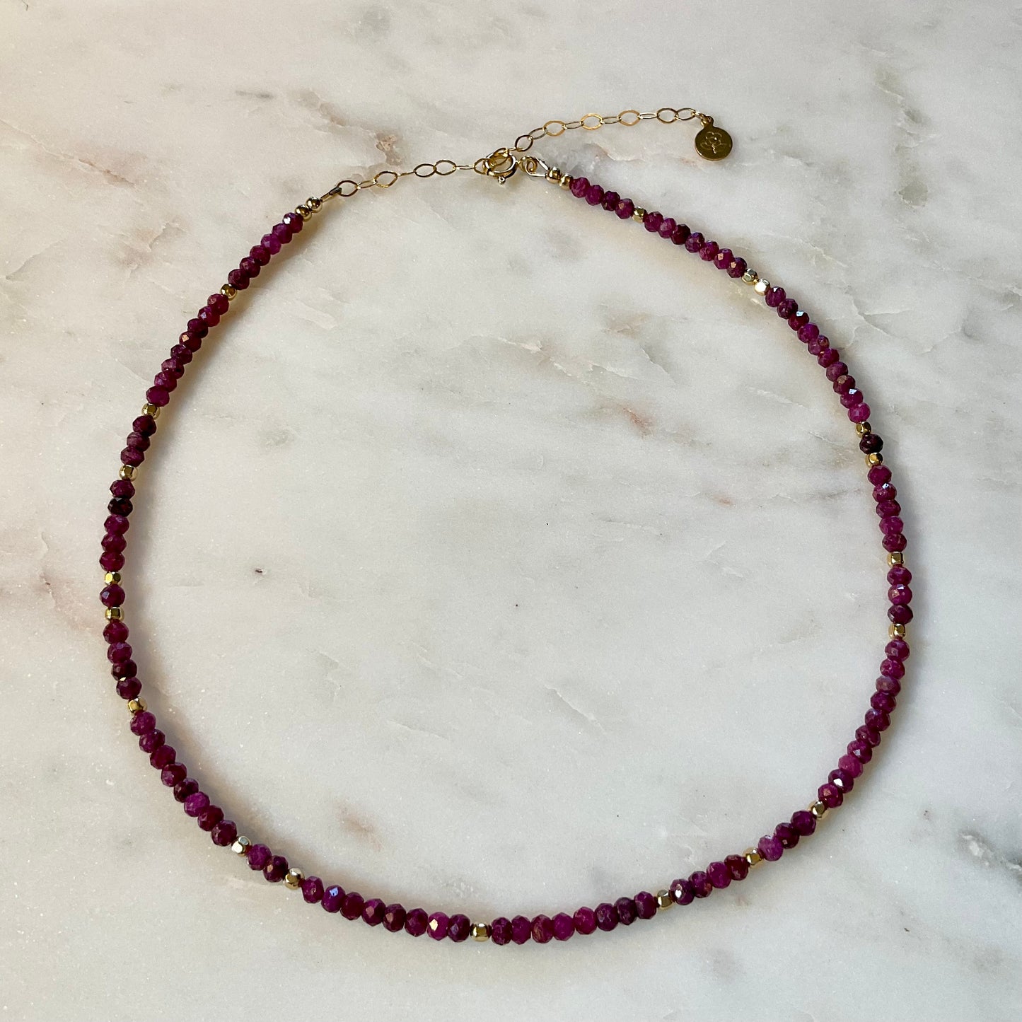 Micro-faceted Ruby Necklace with Gold-Filled Beads