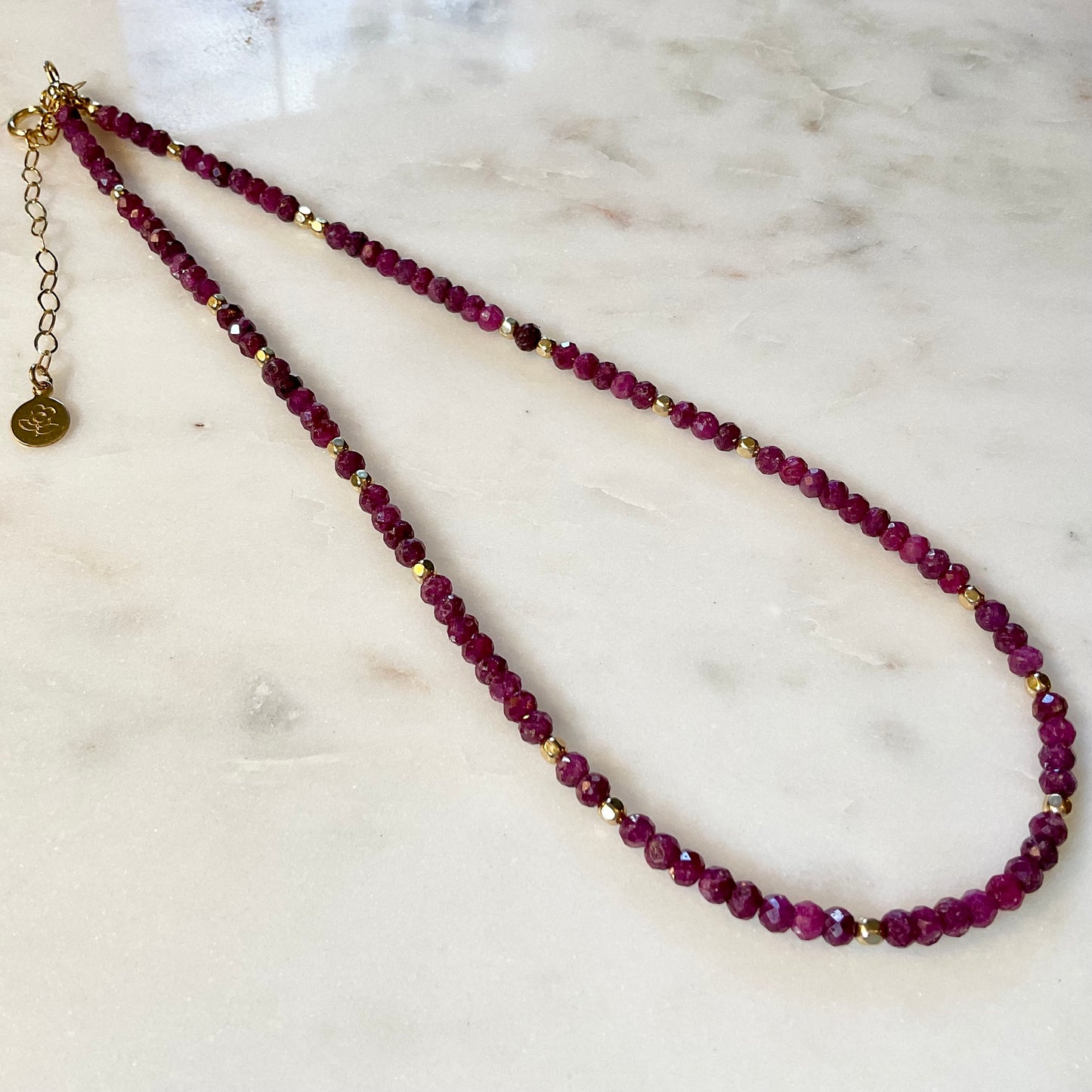 Micro-faceted Ruby Necklace with Gold-Filled Beads