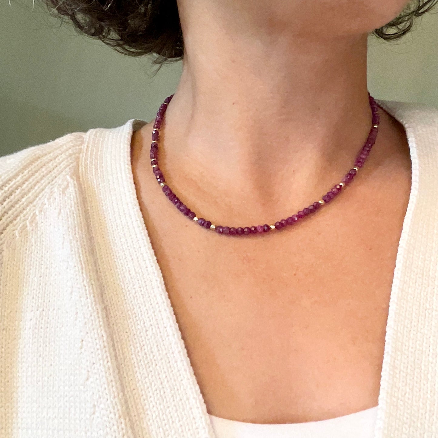 Micro-faceted Ruby Necklace with Gold-Filled Beads