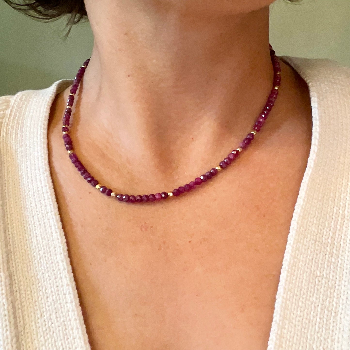 Micro-faceted Ruby Necklace with Gold-Filled Beads