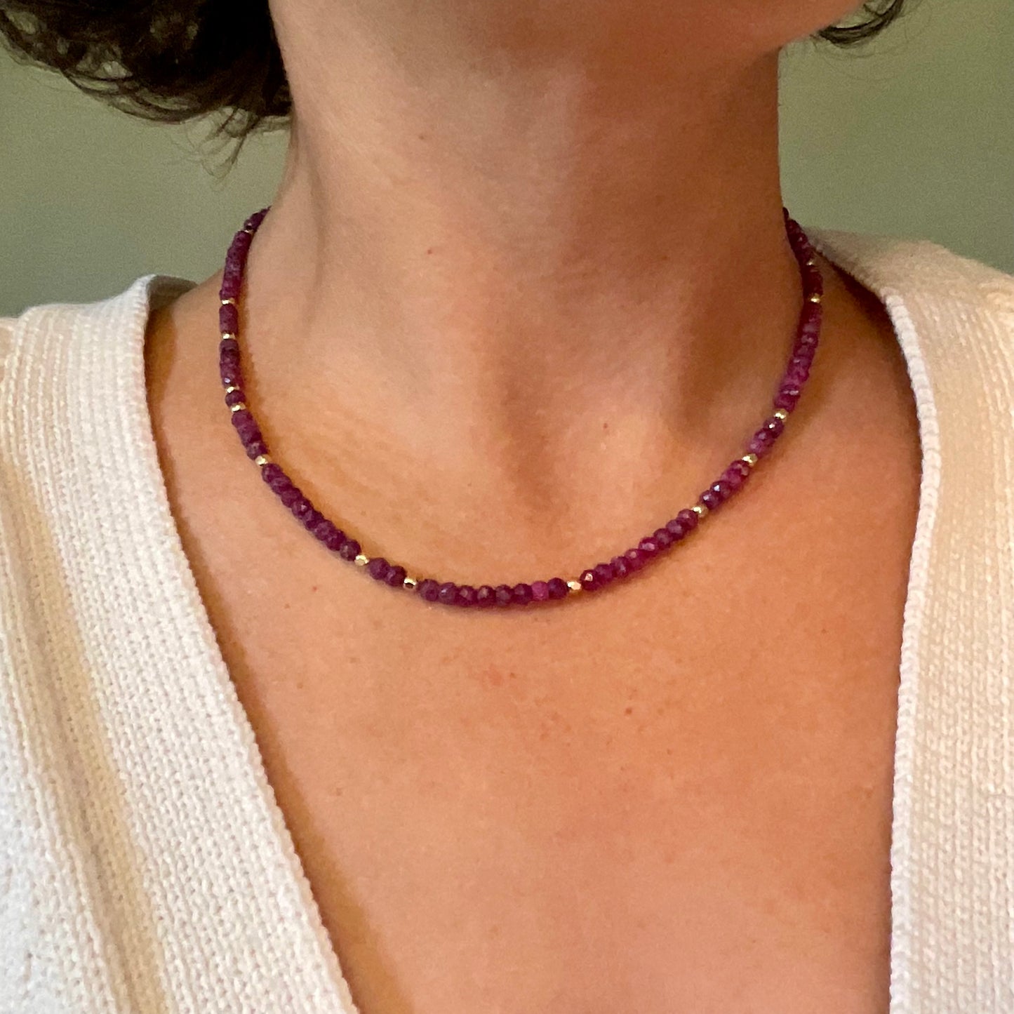 Micro-faceted Ruby Necklace with Gold-Filled Beads