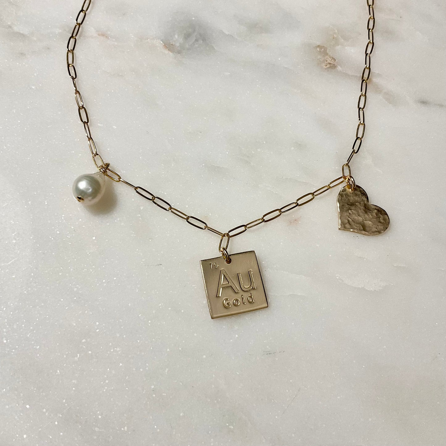 Gold-filled Au Charm Necklace with Pearl and Heart