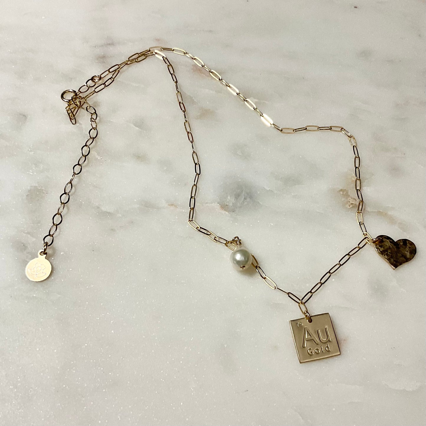 Gold-filled Au Charm Necklace with Pearl and Heart