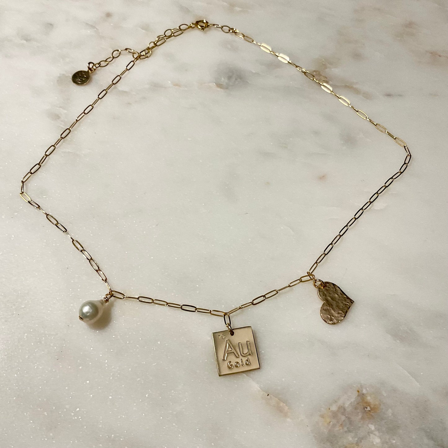 Gold-filled Au Charm Necklace with Pearl and Heart